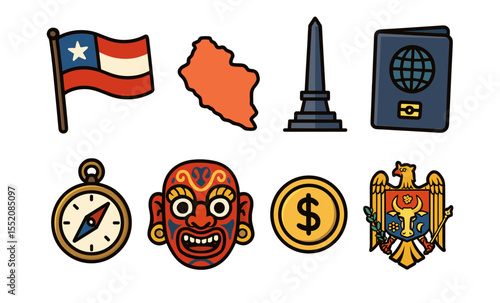 Set of cultural icons: chilean flag, map, monument, and symbols of economy and heritage