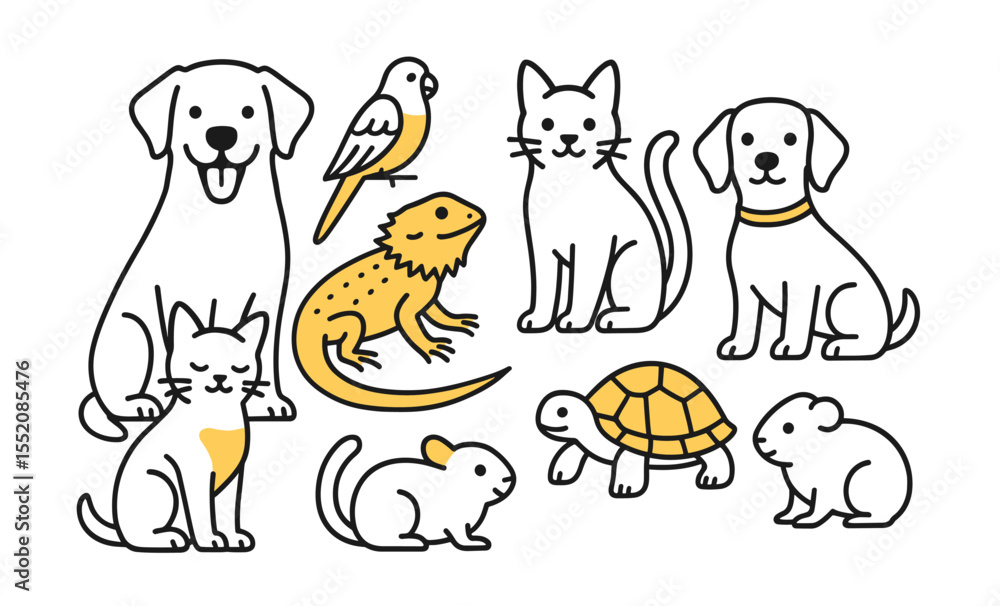 Obraz premium Illustrated pets: dog, cat, bird, reptile, and small animal collection