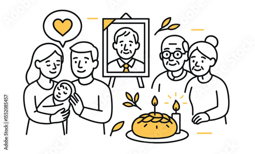 Minimalist family gathering illustration with elderly couple, young parents, baby, and ancestral portrait