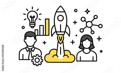 Business startup concept with rocket and diverse team