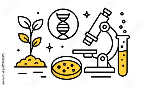 Science icons featuring microscope, dna strand, test tube, plant, petri dish