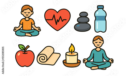 Healthy lifestyle icons: meditation, yoga, wellness, hydration, healthy eating, relaxation