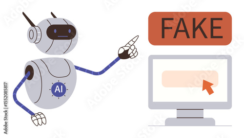 Robot with AI badge points at a computer displaying FAKE warning. Ideal for AI ethics, misinformation detection, content verification, deepfake prevention, digital security, education, awareness