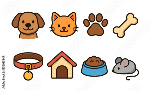 Cartoon animal icons: dog, cat, paw print, bone, collar, doghouse, food bowl, mouse