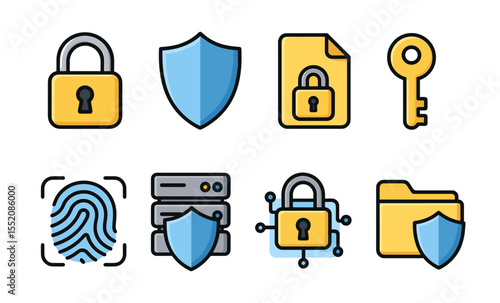 Set of security icons: lock, shield, file, key, fingerprint, server, folder protection