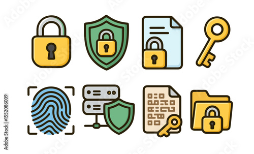 Cybersecurity icons: lock, shield, key, fingerprint, encryption, data privacy