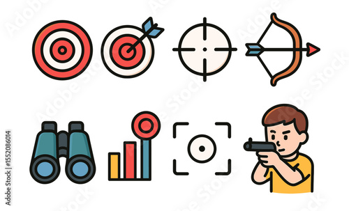 Target practice icons: archery, binoculars, shooting, and bullseye with young caucasian male