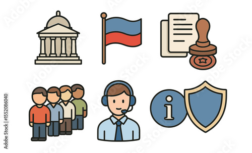 Government and communication icons: flag, documents, customer support, information, security