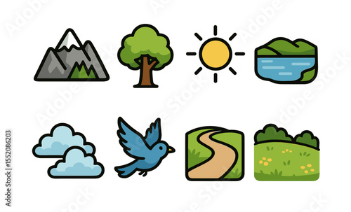 Colorful nature icons: mountains, tree, sun, river, clouds, bird, path, meadow