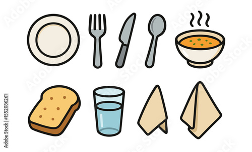 Colorful tableware set with soup, cutlery, bread, glass, and napkins icons