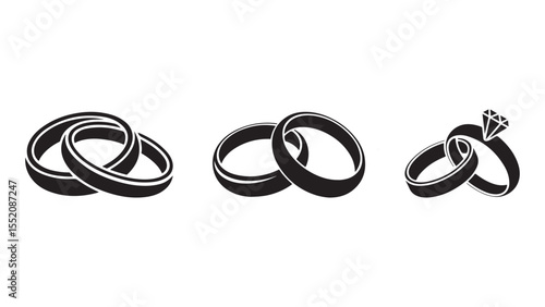 Three stylized black wedding rings and engagement ring icons on white background