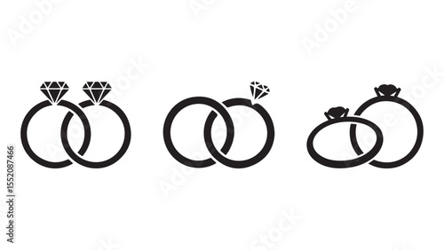 Three stylized black wedding rings and engagement ring with diamonds on a white background