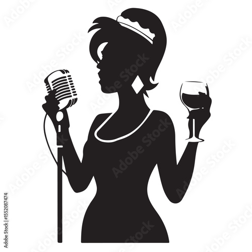 A beautiful woman with flowing hair sings into a vintage microphone on stage, delivering a powerful musical performance