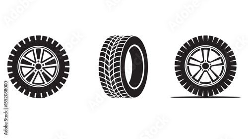 Set of three black and white icons representing car tires and wheels