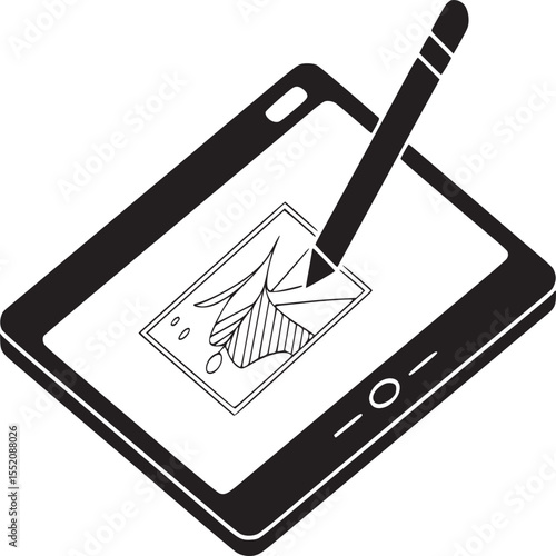 Isometric view of digital tablet with stylus drawing a sketch in black and white style