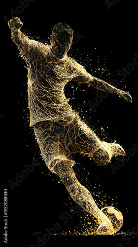 dynamic soccer player silhouette kicking ball golden particles abstract motion graphics black background background for sports broadcast and championship award ceremony
