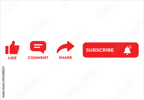 Red social media icons for like comment share and subscribe with notification bell