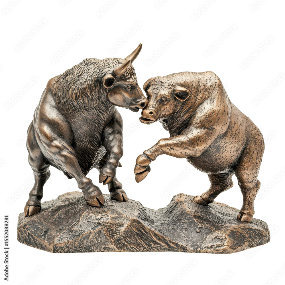 Fototapeta premium statue of a fight between bull and bear market investor concept, Sculpture of a bull and bear engaged in battle, isolated on transparent background