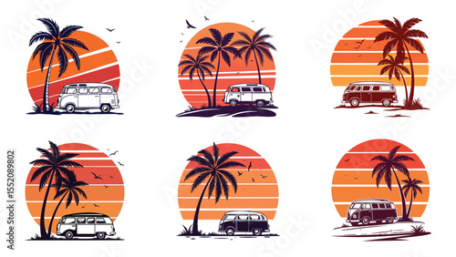 Retro camper vans and palm trees silhouette against a sunset beach scene
