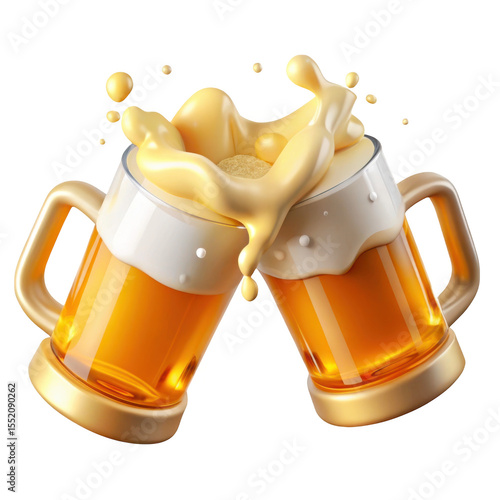 3d beer mugs clinking with foam splash isolated on transparent background