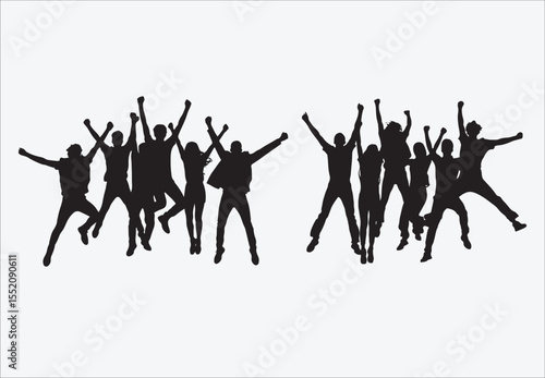 Diverse group of friends celebrating and jumping with arms raised in joy
