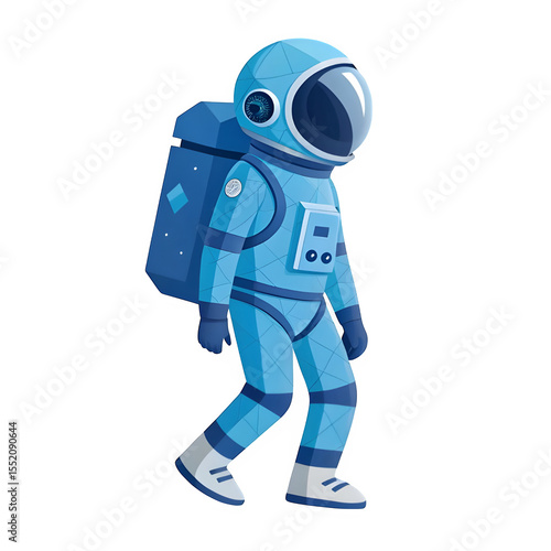 Stylized blue astronaut walking forward with a backpack isolated on transparent background