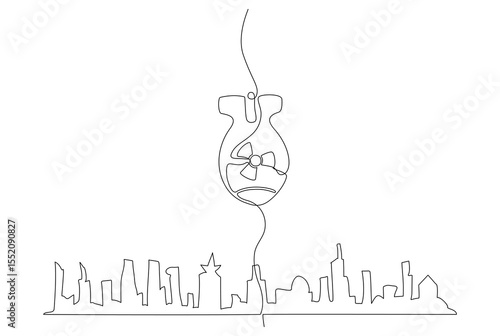 Continuous line drawing of a bomb falling on a city skyline, symbolizing the fragility of urban peace and the looming threat of destruction. Vector Editable stroke