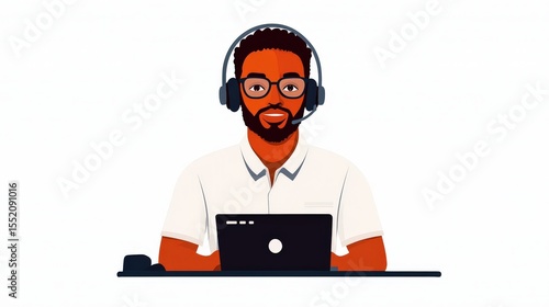 Smiling Customer Service Representative Wearing Headset and Glasses at Desk