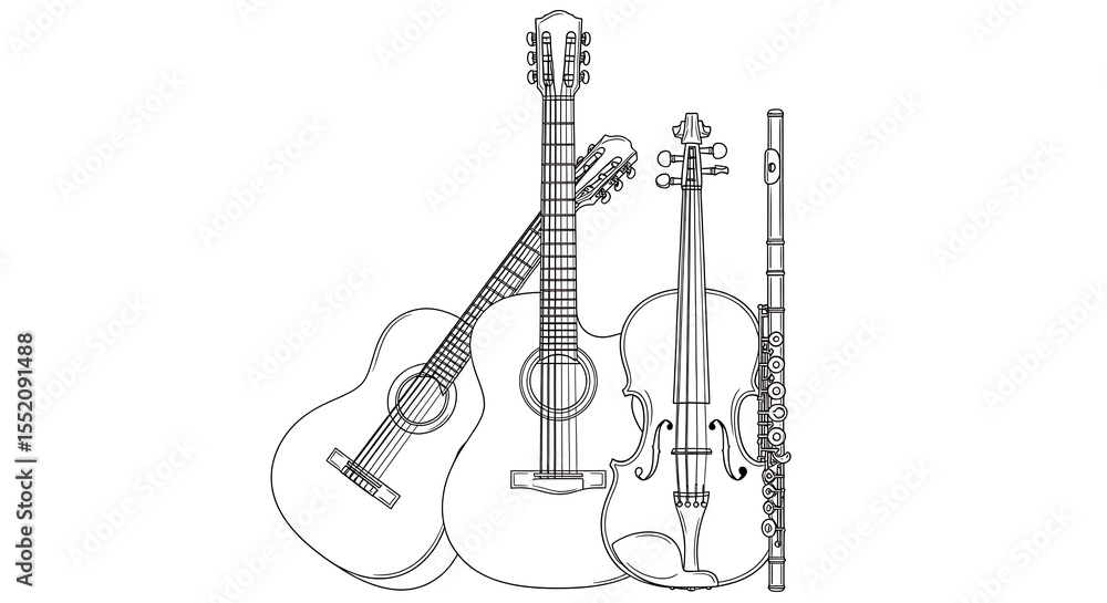 Fototapeta premium Musical Instruments Line Art Guitar Violin Flute Drawing