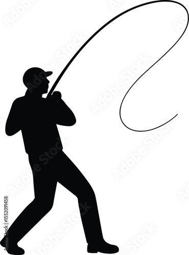 Silhouette fisherman casting fishing line in action pose Vector Illustration