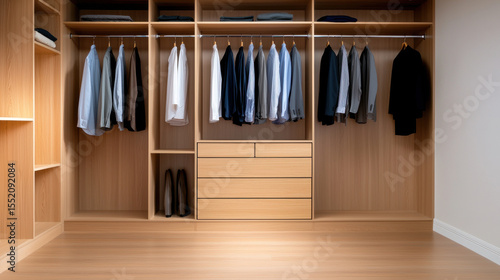 Spacious and organized closet featuring neatly hung shirts, blouses, and suits, complemented by wooden dresser and clean floor