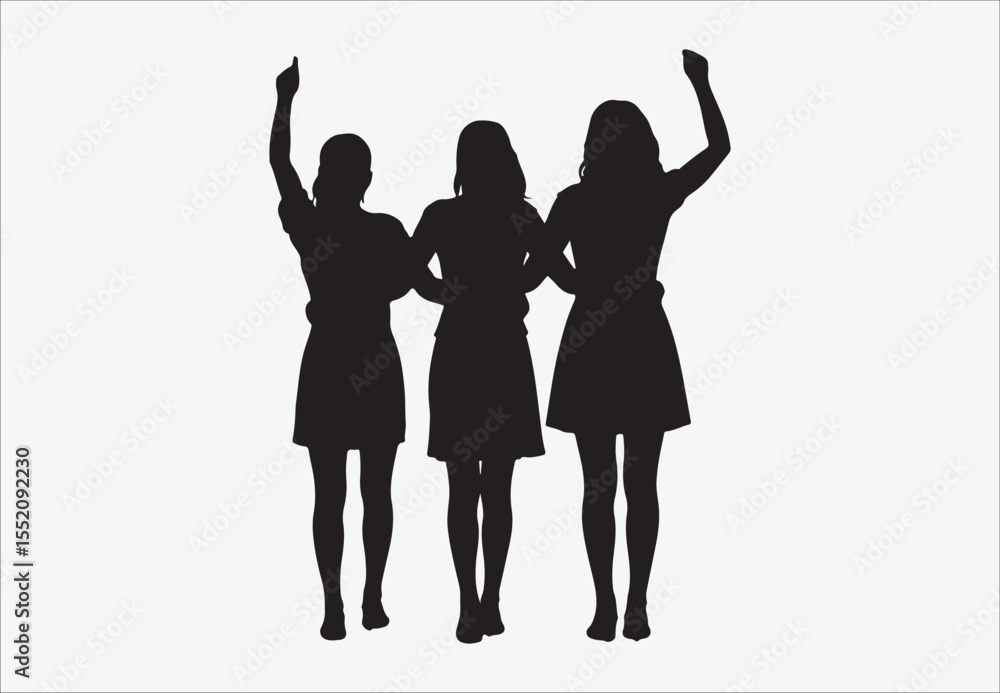 Fototapeta premium Three diverse women in flowing dresses walking together embracing friendship and unity, silhouettes of dancing girls