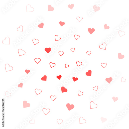 A whimsical array of scattered hearts in shades of red and pink on a white background, conveying love and affection.