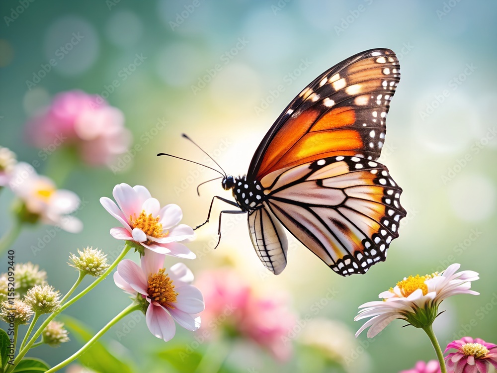 A monarch butterfly in flight over pink flowers A monarch butterfly in flight over pink flowers