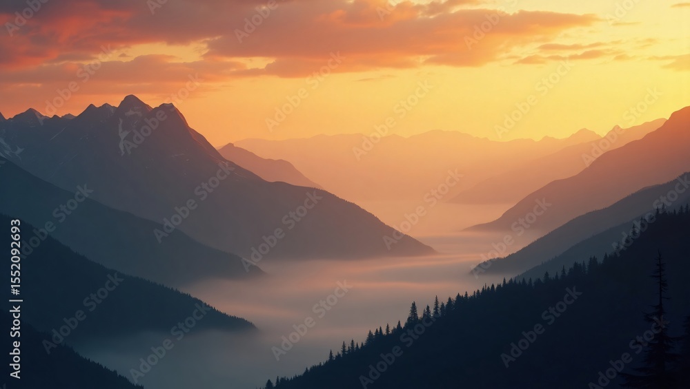 Obraz premium Majestic mountain range shrouded in mist during a vibrant orange and yellow sunset with dramatic clouds