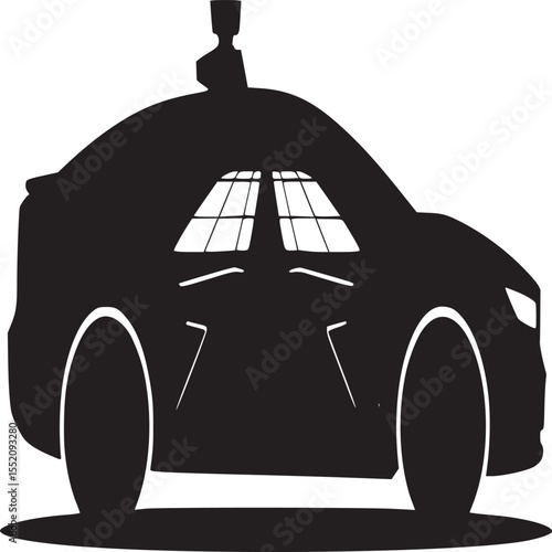 Side view of black self driving car silhouette with sensor data display on the window