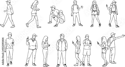 People sketch. Casual group of people silhouettes. Outline hand drawing illustration.