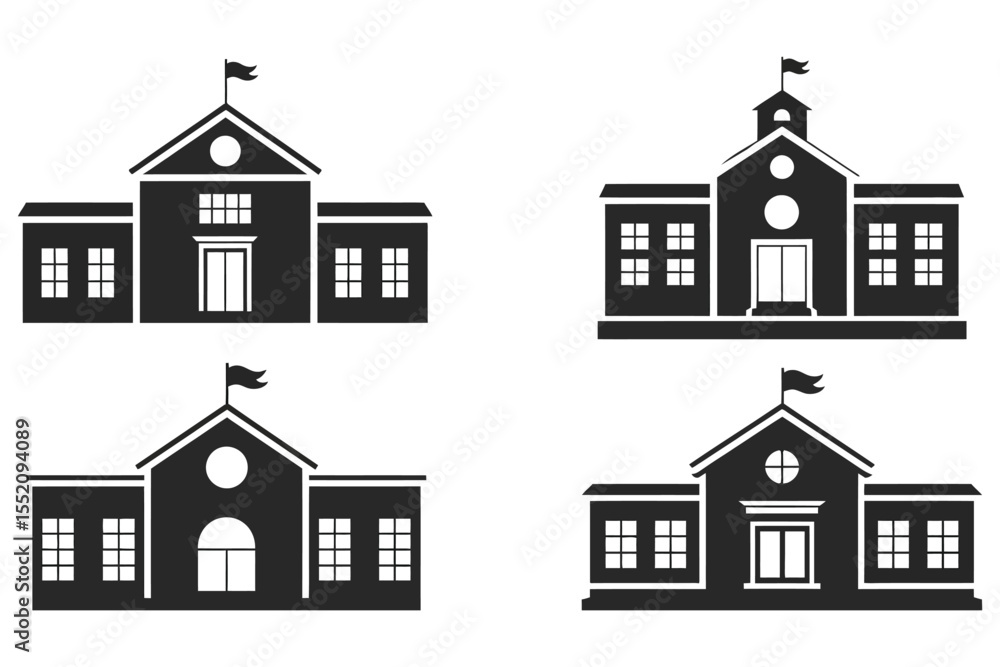 Fototapeta premium Education institute school building silhouette black vector icons set
