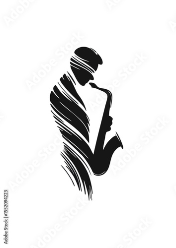 Minimalist black and white silhouette vector of a saxophonist using abstract stroke lines, jazz music concept