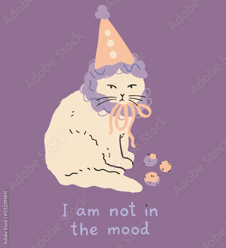Cute hand-drawn illustration of a grumpy cat wearing a birthday party hat with a humorous quote "I am not in the mood." Minimalist pastel color palette on a purple background. Perfect for print