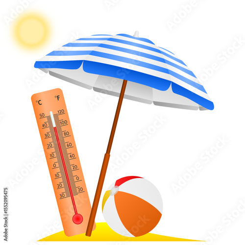 La canicule avec un thermomètre, un parasol et un ballon à la plage