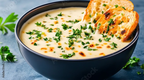 Creamy soup, toasted bread, parsley, blue background, food photography, recipe