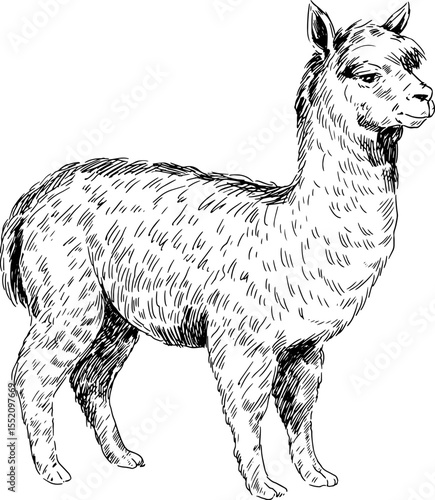 Graphic image of a llama. A black-and-white vector drawing of a lamp made using the technique of linear engraving. full-length on a white background, the details of the wool are traced with strokes.