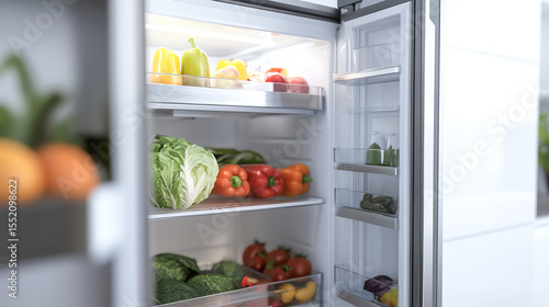 Multidoor fridge with adjustable shelves and LED lighting, white background