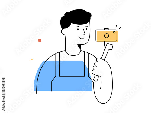 A happy male vlogger holds camera on selfie stick recording content, representing modern social media content creation and digital technology engagement