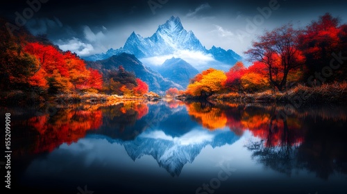 Autumnal mountain lake reflection, scenic vista