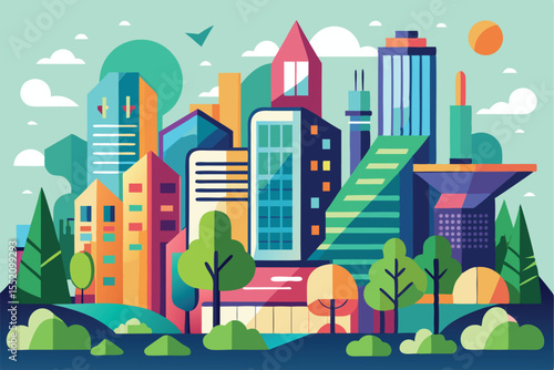 Vibrant city skyline showcasing modern architecture and lush greenery under a clear sky