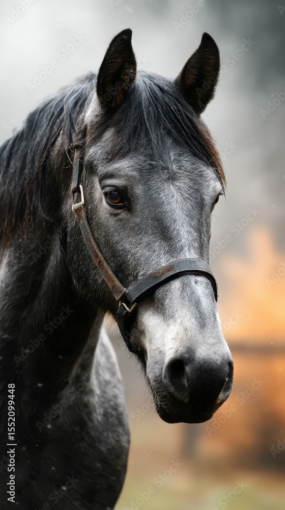 Gray horse with striking features standing in a tranquil environment during a misty morning Gray horse with striking features standing in a tranquil environment during a misty morning
