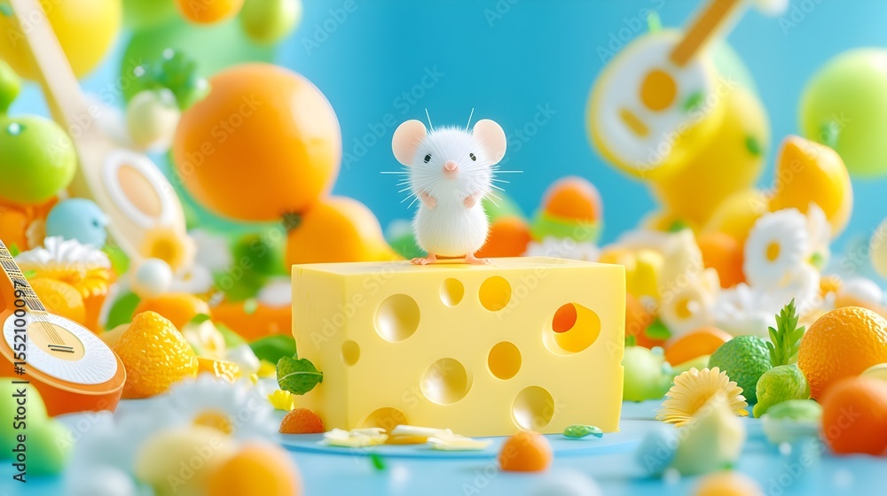 Fototapeta premium Cute mouse on cheese amidst fruit & musical instruments