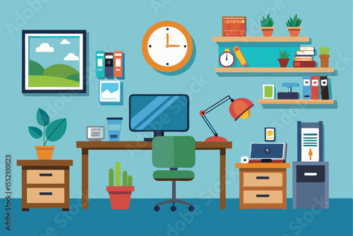 Home office setup featuring desk, computer, plants, and shelves in a vibrant cartoon style illustration